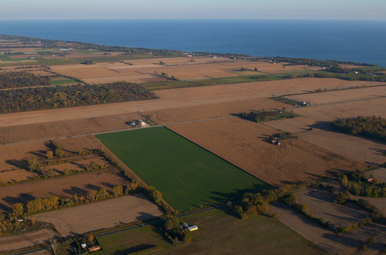 Essex County  Southwest Ontario  A bird's-eye-view of farmland and Lake Erie in Essex County 